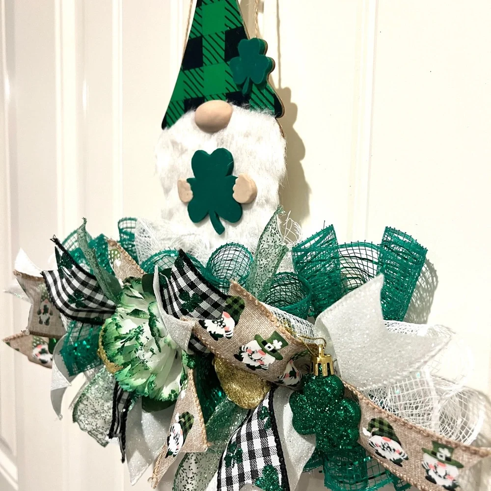 12 inch St. Pats Shamrock Gnome Ribbon, Clay Wreath Rail Handmade/ Painted SPGR1